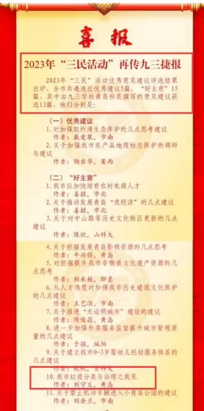 喜报：我校九三社员刘守义教授在2023年青岛市“三民”活动中再获“好主意”奖